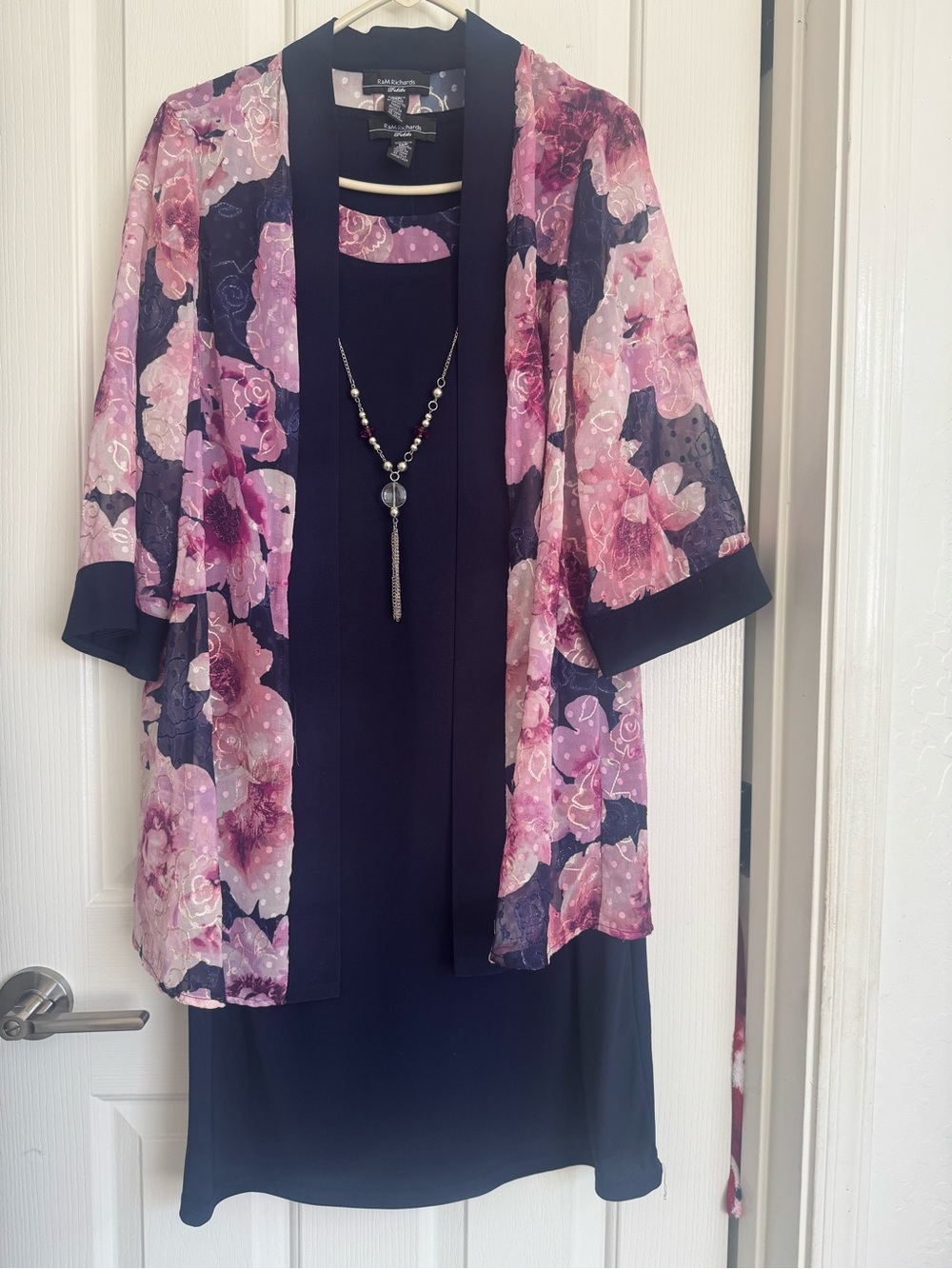 R&M Richards Navy Dress with Pink Floral Lining